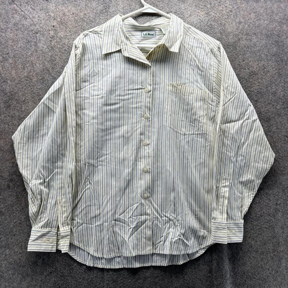 Vintage LL Bean Shirt Womens 16 Blue Striped Long Sleeve Button Hong Kong 90s - Picture 1 of 10